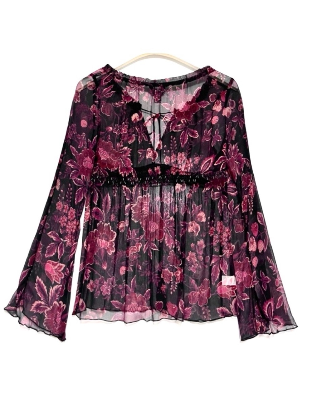 Express Vintage Silk Babydoll Top Sheer Floral S Whimsigoth Fairy Y2K Victorian